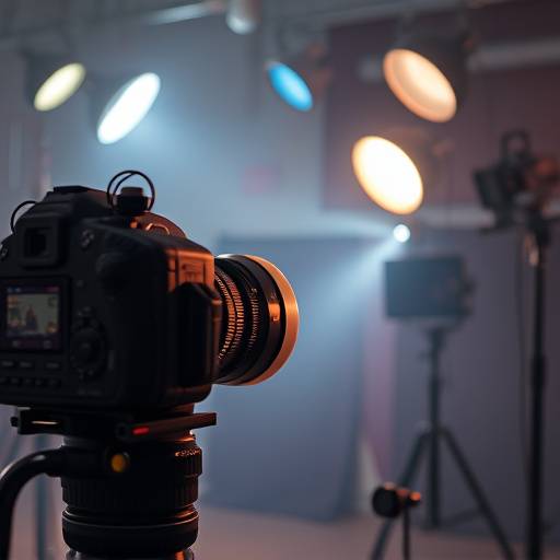 Une caméra de cinéma pointant vers un éclairage professionnel, représentant un cours de cinématographie